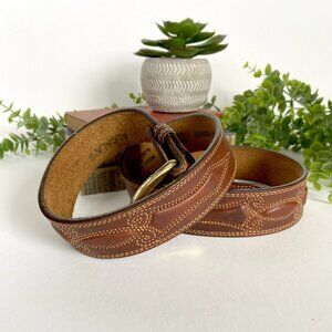 VTG Size 36 Alcala Boho Western Brown Leather Belt Embossed - White Stitching